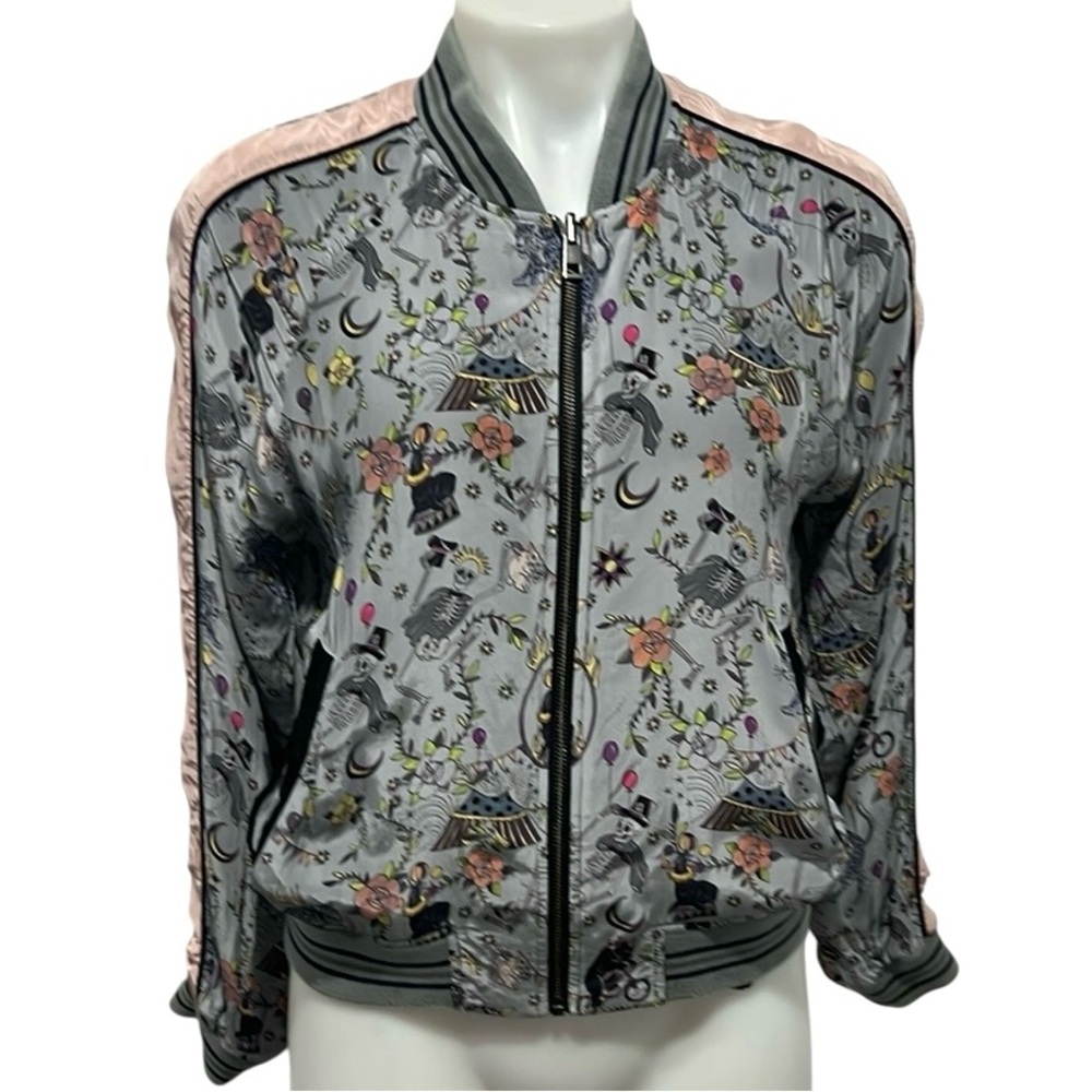 Gray Floral Satin Bomber Jacket with Pink Trim